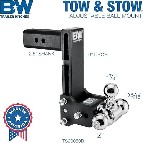 B&W | TS20050B | Tow & Stow 3-Ball Adjustable Hitch | 8½” Drop