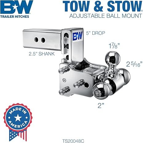 B&W | TS20048C | Tow & Stow 3-Ball Chrome Hitch | 5” Drop