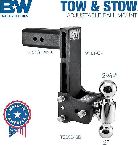 B&W | TS20043B | Tow & Stow Adjustable 2-Ball Hitch | 8½” Drop