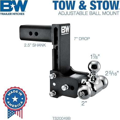 B&W | TS20049B | Tow & Stow 3-Ball Hitch | 7” Drop Adjustable Mount