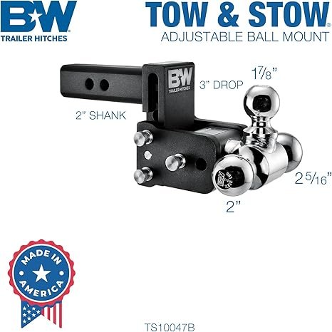 B&W | TS10047B | Tow & Stow Adjustable Ball Mount | 3-Ball