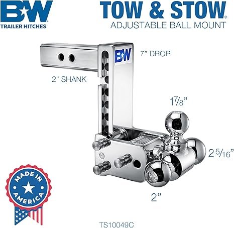 B&W | TS10049C | Tow & Stow 3-Ball Chrome Hitch | 7” Drop