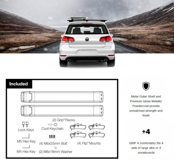 Kuat Grip 4 Ski & Snowboard Rack – Black with Gray Anodize | Slide-Out, Locking, Universal Rooftop Carrier