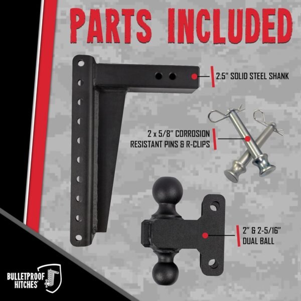 BulletProof Hitches 2.5" Adjustable Heavy Duty Trailer Hitch – 22,000 lb Rating, 14" Drop/Rise, Dual Ball Mount