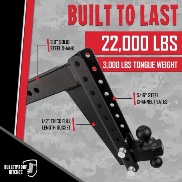 BulletProof Hitches 3.0" Adjustable Heavy Duty Trailer Hitch – 22,000 lb Rating, 14" Drop/Rise, Dual Ball Mount