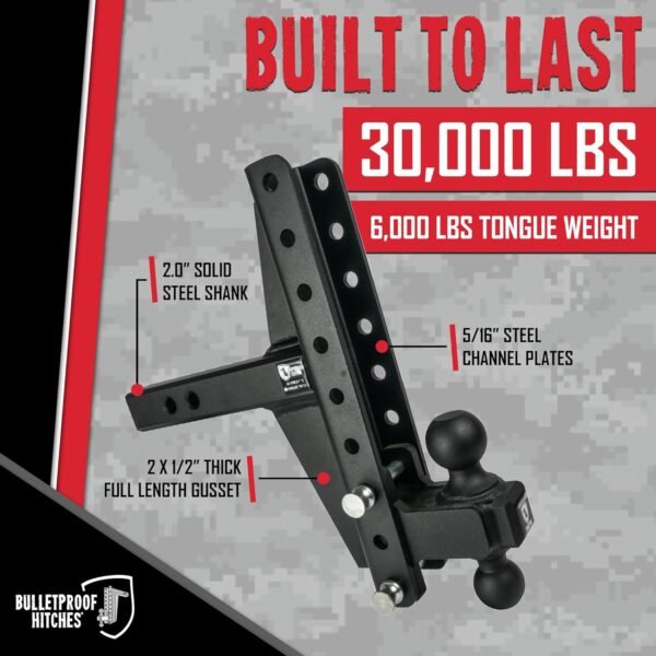 BulletProof 2.0" Extreme Duty Adjustable Offset Trailer Hitch – 30,000 lb Dual Ball, 4" & 6" Drop/Rise