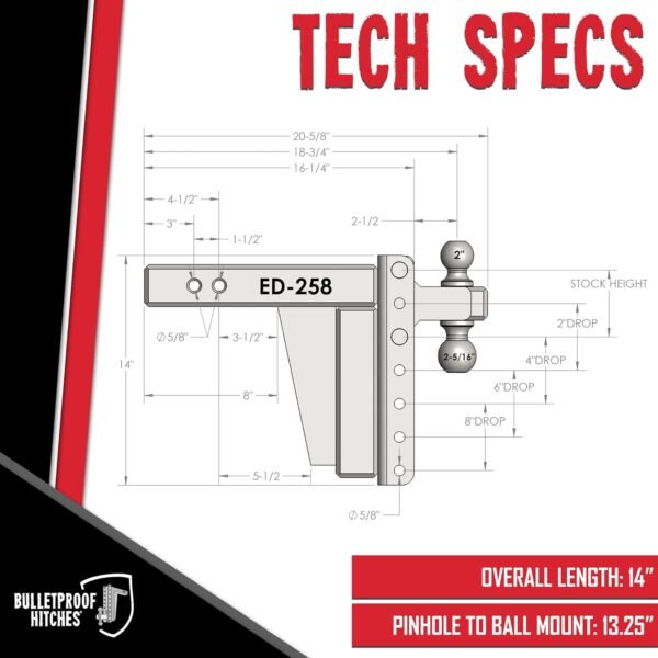 BulletProof 2.5" Adjustable Extreme Duty Hitch 36,000lb 8" Drop/Rise Dual Ball