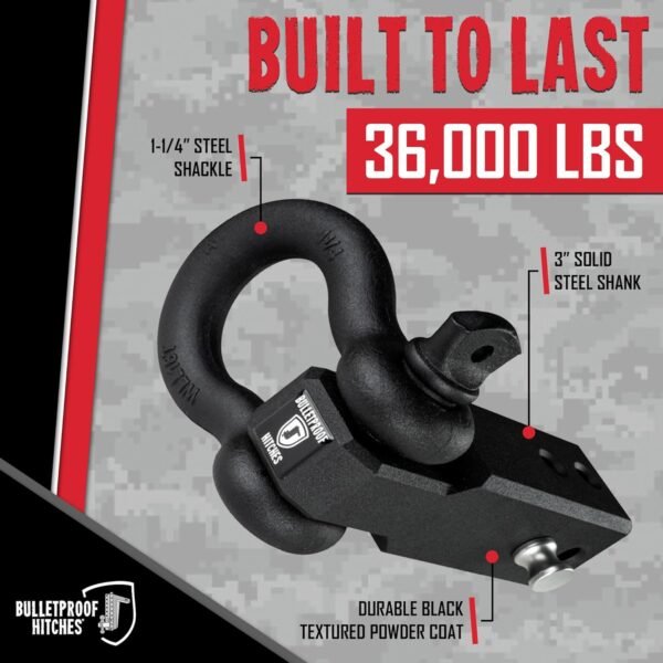 BulletProof Hitches 3.0" Extreme Duty Receiver Shackle – 36,000 lb Rating with D-Ring/Clevis, Solid Steel