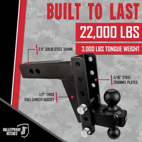 BulletProof Hitches 2.5" Adjustable Heavy Duty Trailer Hitch – 22,000 lb Capacity, 6" Drop/Rise, Dual Ball Mount