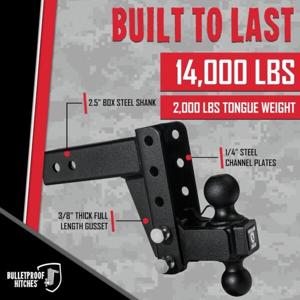 BulletProof 2.5" Adjustable Trailer Hitch 14,000lb 4" Drop/Rise Dual Ball | MD254