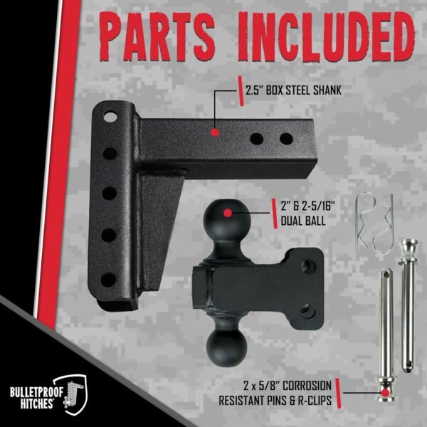 BulletProof 2.5" Adjustable Trailer Hitch 14,000lb 4" Drop/Rise Dual Ball | MD254
