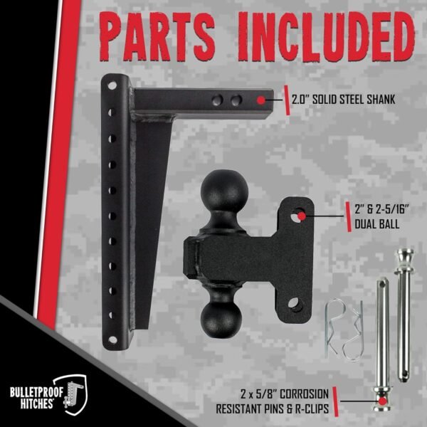 BulletProof Hitches 2.0" Adjustable Heavy Duty Trailer Hitch – 22,000 lb Rating, 16" Drop/Rise, Dual Ball Mount