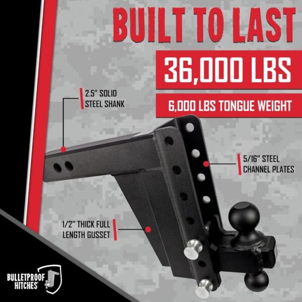BulletProof 2.5" Adjustable Extreme Duty Hitch 36,000lb 8" Drop/Rise Dual Ball