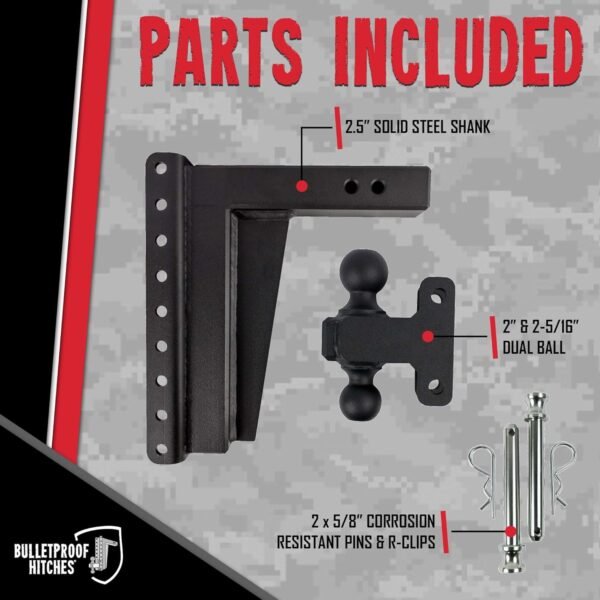 BulletProof Hitches 2.5" Adjustable Extreme Duty Trailer Hitch – 36,000 lb Rating – 12" Drop/Rise – Dual Ball Mount
