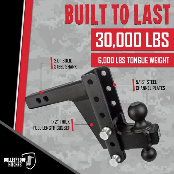 BulletProof Hitches 2.0" Adjustable Extreme Duty Trailer Hitch – 30,000 lb Rating – 6" Drop/Rise – Dual Ball Mount