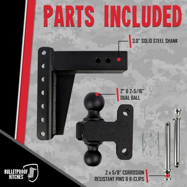 BulletProof Hitches 3.0" Adjustable Heavy Duty Trailer Hitch – 22,000 lb Rating – 8" Drop/Rise – Dual Ball Mount