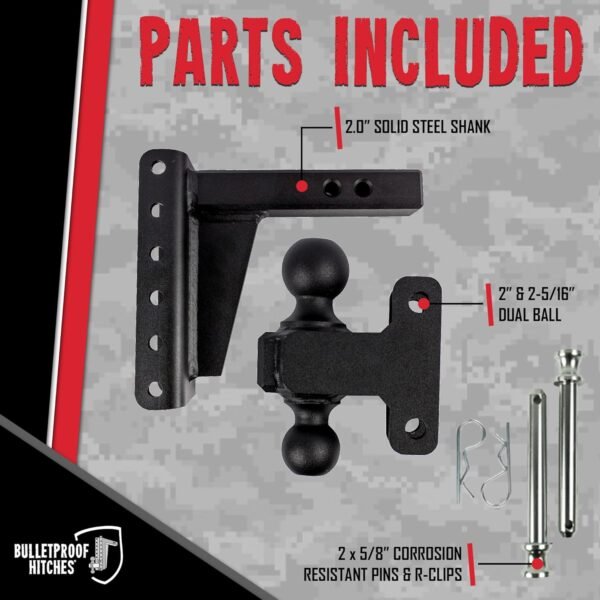 BulletProof Hitches 2.0" Adjustable Extreme Duty Trailer Hitch – 30,000 lb Rating – 6" Drop/Rise – Dual Ball Mount
